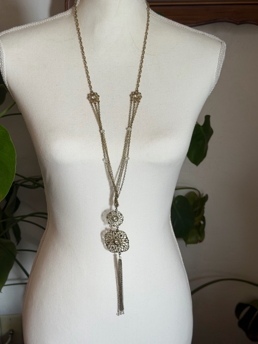 Vintage Gold Long Multi-Chain Necklace Floral Filigree Glass Rhinestones